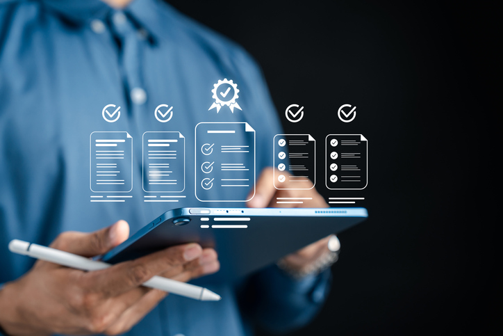 Compliance document check, digital approval, checklist validation, and workflow management for business productivity and regulation, focusing on efficiency, accuracy, quality assurance, and project success.