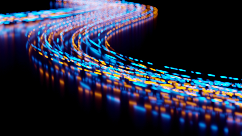 Digital network with glowing lines representing artificial intelligence, machine learning, quantum computing and big data, physical infrastructure of the internet.